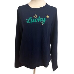 J. Crew Teddie Large Lucky Blue crewneck sweater horseshoe‎ preppy St Patrick